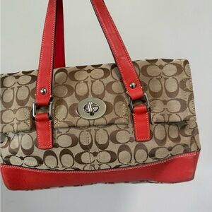 Coach Red and Tan Signature Shoulder Bag